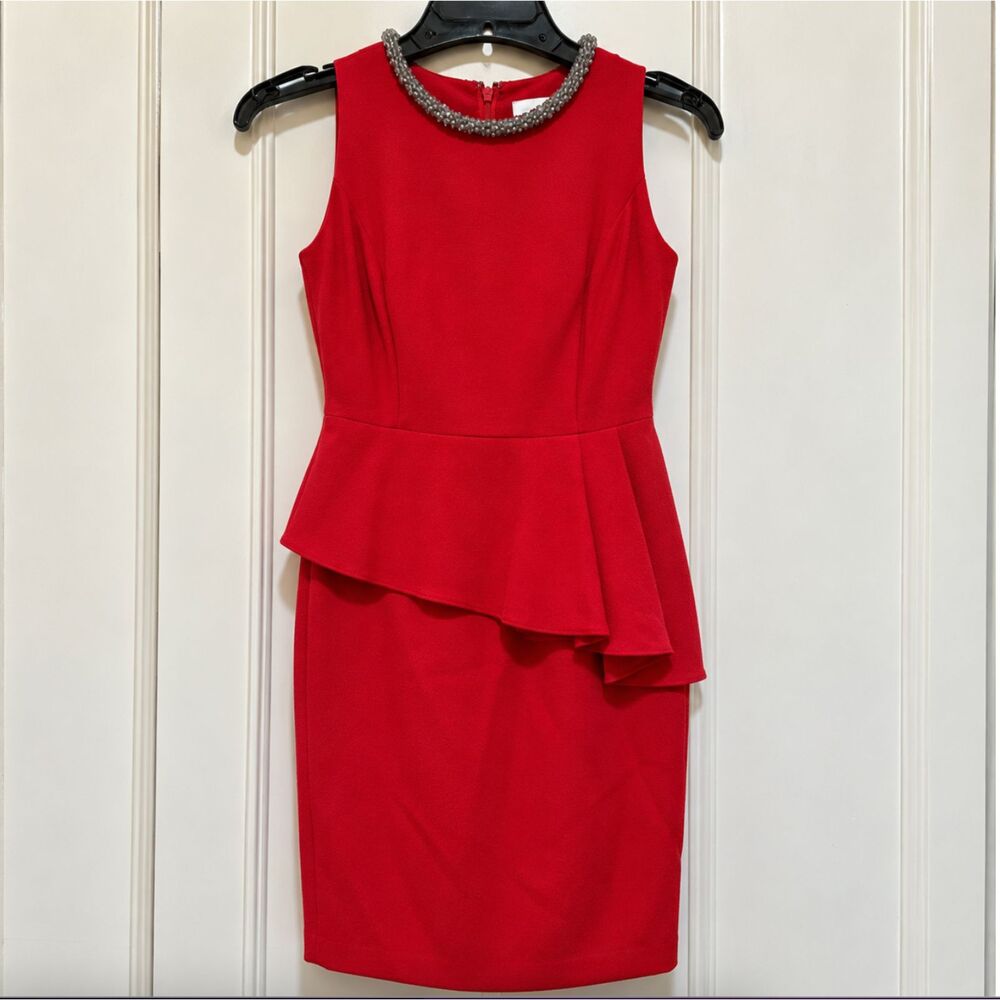 Carmen Marc Valvo Womens 4 Red Beaded Neck Peplum Sheath Cocktail Party Dress